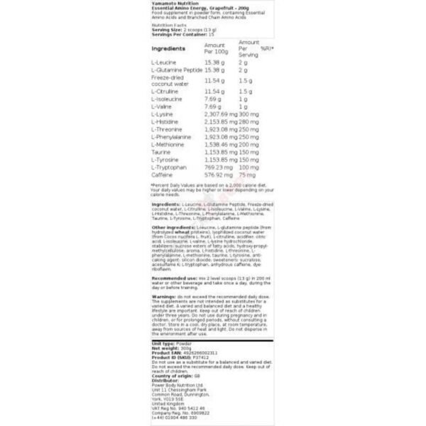 Yamamoto Essential Amino Energy, legal food supplement sold by Peak Protocol UK