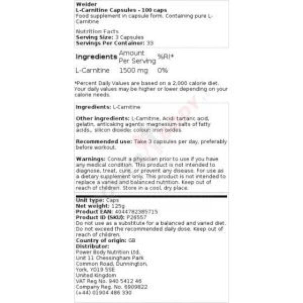 Weider L Carnitine, legal food supplement sold by Peak Protocol UK