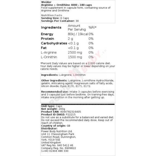 Weider Arginine and Ornithine 4000, legal food supplement sold by Peak Protocol UK