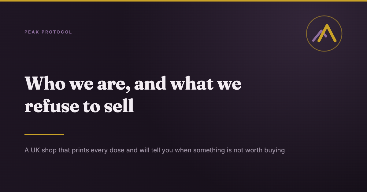 Peak Protocol about page banner, a UK shop that prints every dose