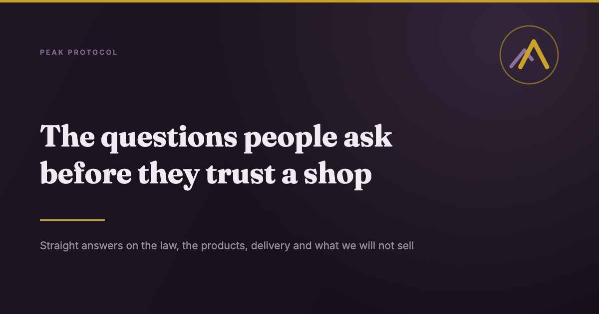 Peak Protocol FAQ banner, straight answers on the law, products and orders
