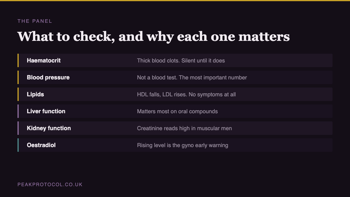 Table of blood markers to monitor when using steroids including haematocrit, blood pressure, lipids, liver and kidney function and oestradiol, with why each matters