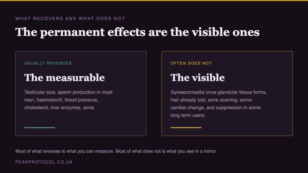 Comparison of steroid side effects showing measurable effects like haematocrit and cholesterol usually reverse while visible effects like gynaecomastia and hair loss often do not