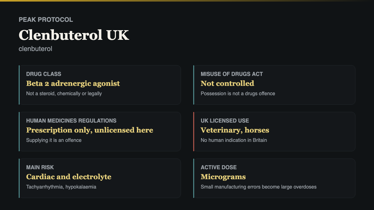 Clenbuterol UK profile card showing drug class, route, whether it aromatises and the main measurable harm