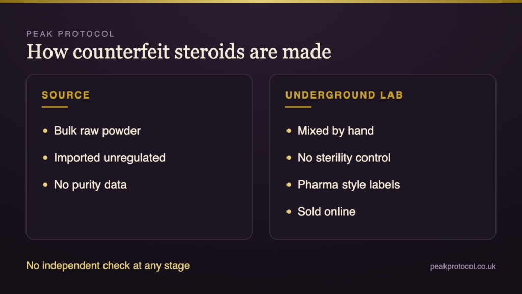 Counterfeit steroids supply chain from bulk raw powder to underground lab to branded packaging with no quality control