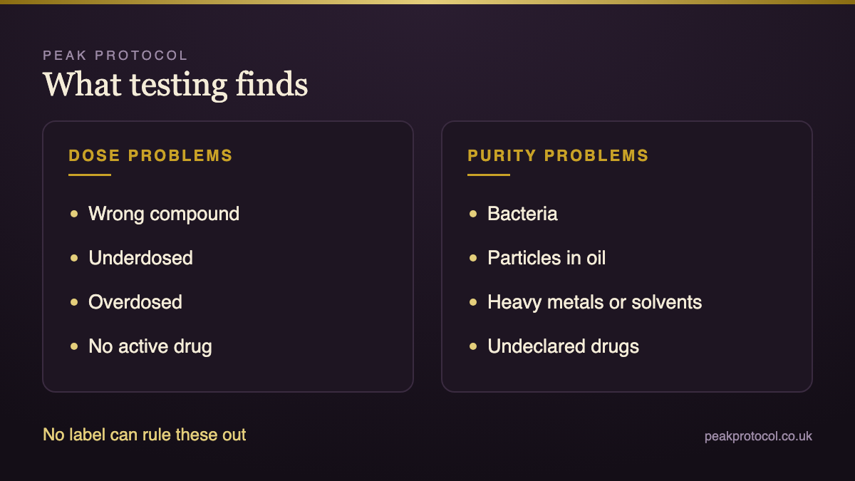 Counterfeit steroids testing findings showing wrong compounds, wrong doses, contamination and undeclared drugs
