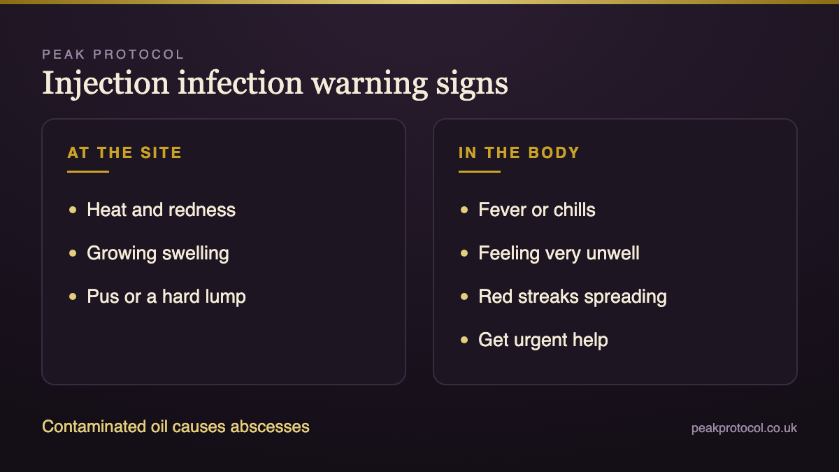 Injection infection warning signs from contaminated steroids including heat, redness, swelling, pus and fever