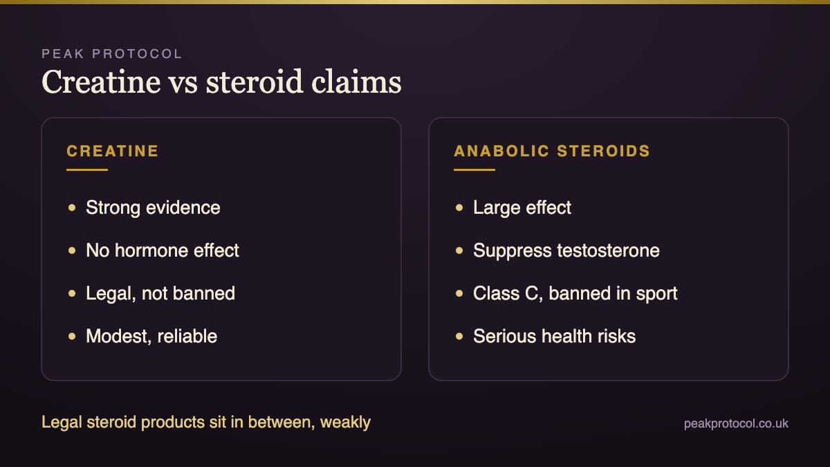 Creatine compared with legal steroid products and anabolic steroids on evidence, hormones, legality and risk