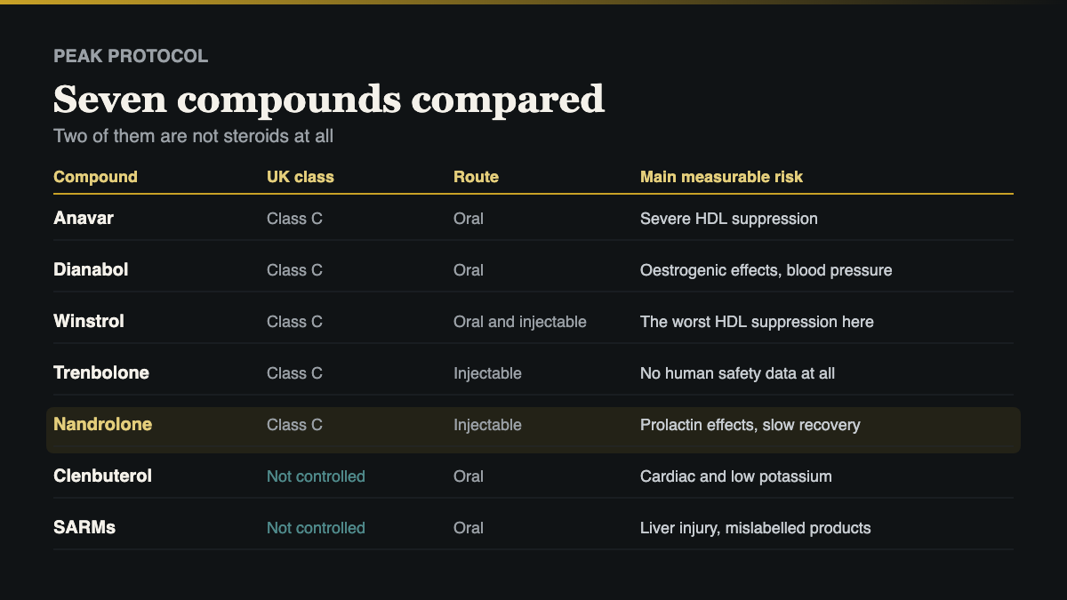 Nandrolone UK compared with the other six compounds covered on this site by class, route and main risk