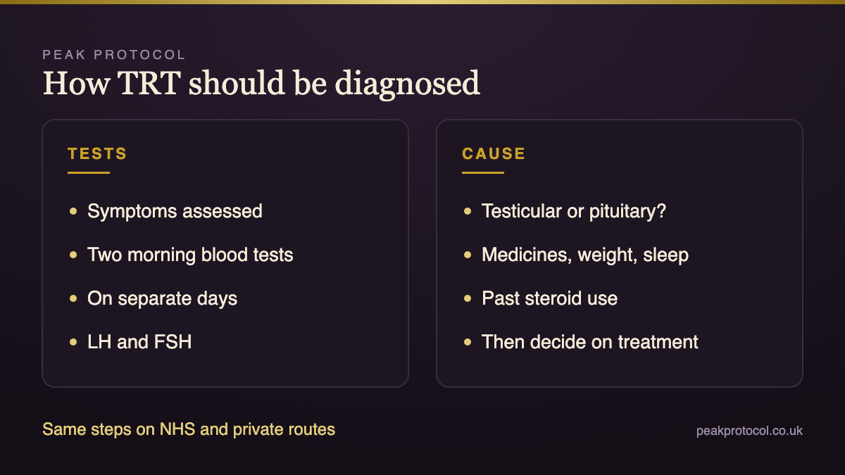 NHS vs private TRT diagnosis steps from symptoms to two morning blood tests, LH and FSH and finding the cause