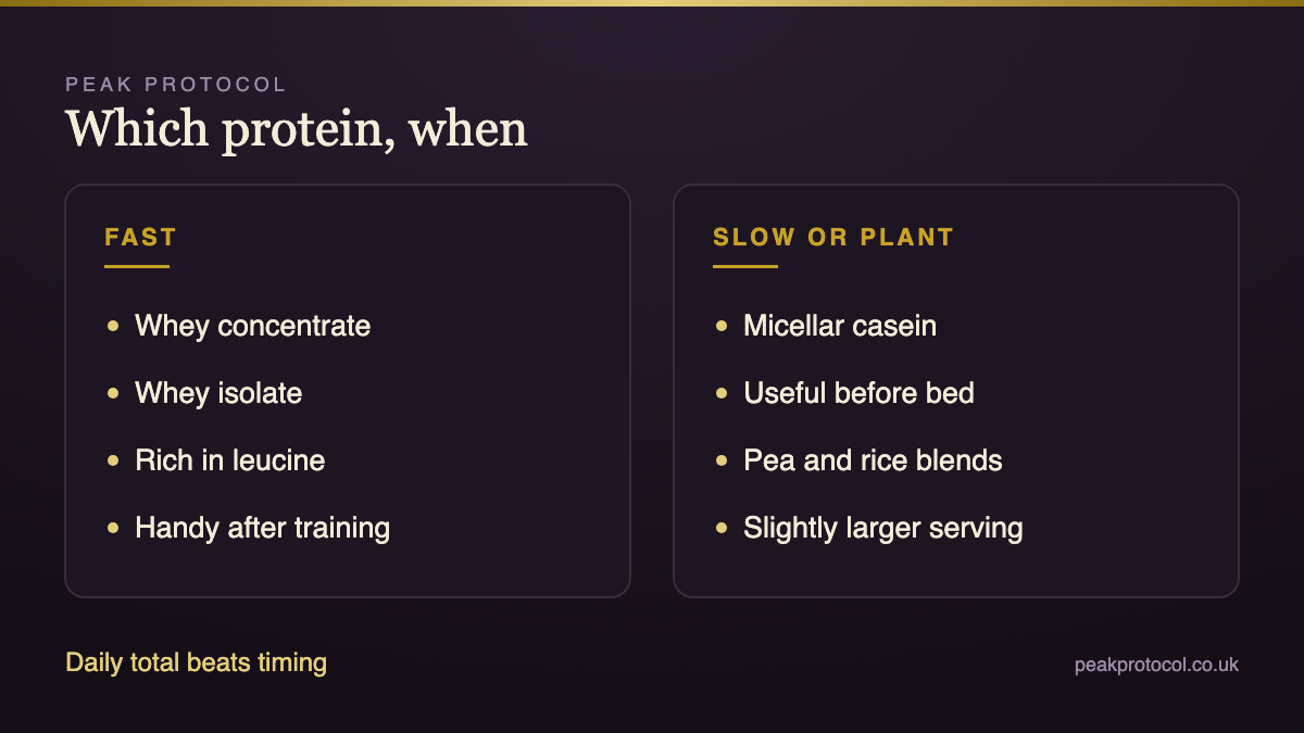 Protein types compared including whey concentrate, whey isolate, casein and plant protein blends