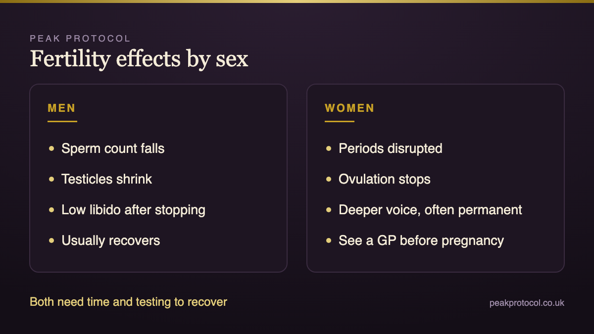 Steroids and fertility effects in men and women including sperm count, testicle size, periods and ovulation
