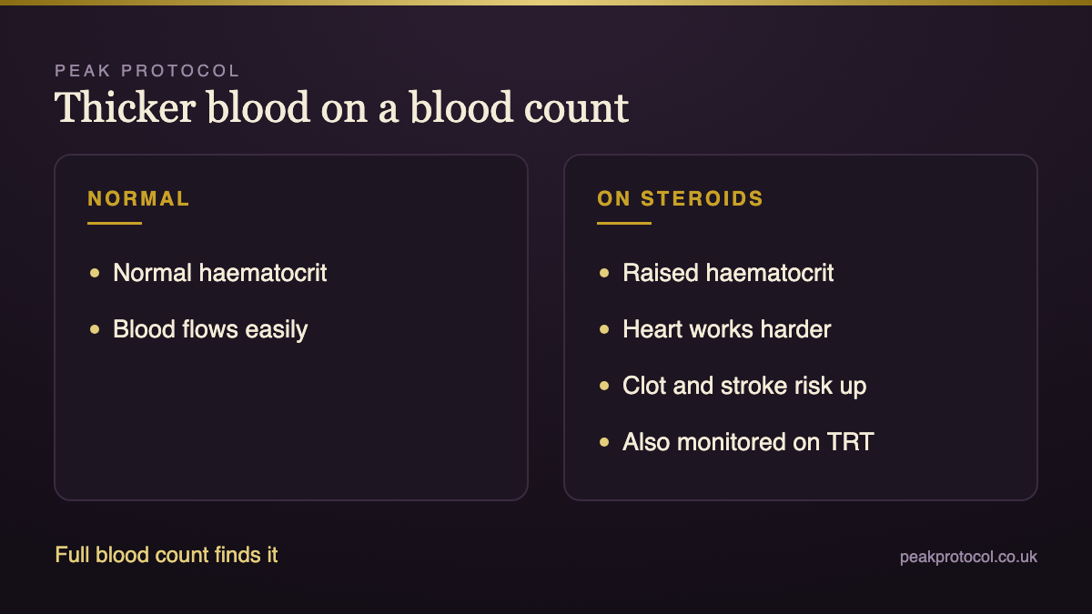 Full blood count showing raised haematocrit from steroid use and why thicker blood raises clot and stroke risk