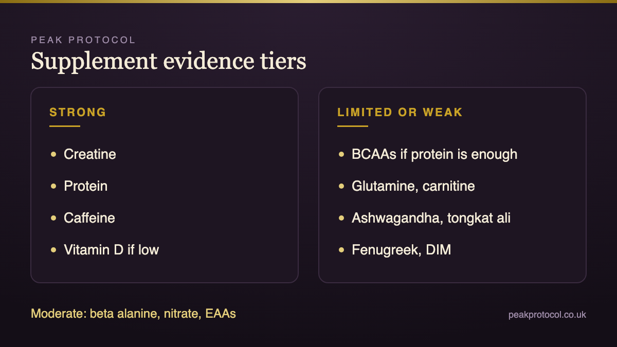 Supplement evidence tiers from strong to limited including creatine, protein, caffeine, beta alanine, BCAAs and herbal testosterone products
