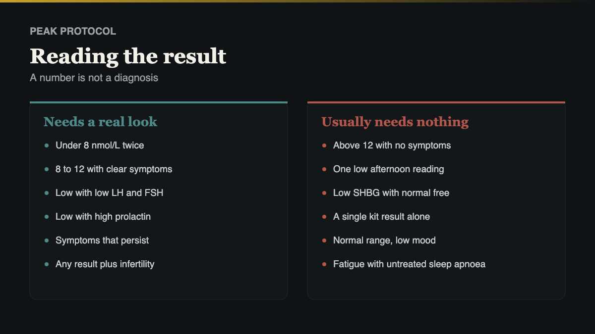 how to read a testosterone blood test UK result, what needs action and what does not