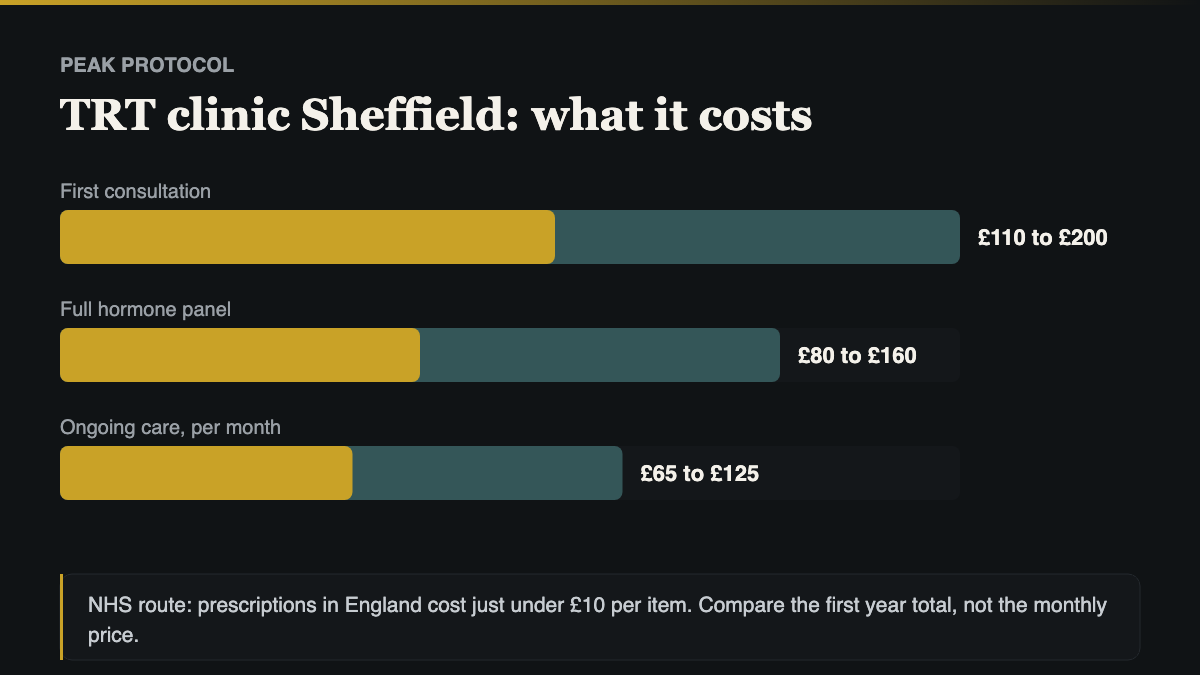 TRT clinic Sheffield cost comparison, NHS route against private consultation, blood panel and monthly care