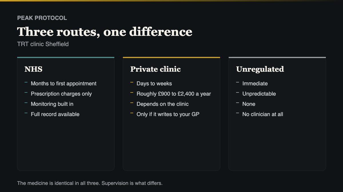 TRT clinic Sheffield decision routes compared, NHS referral against private care against the unregulated market